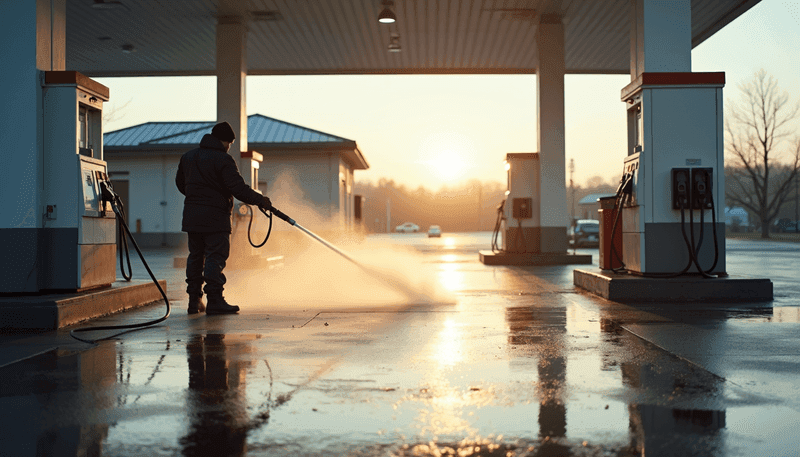 Commercial power washing of a gas station forecourt and fuel pump area